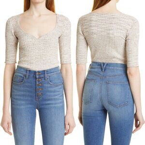 NWT Veronica Beard Lipa Ribbed Top Plunge V-Neck Stretch Size Medium Sand Multi